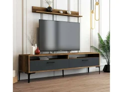 Dmora Parede equipada Dkatseri, Composição da sala de estar, Armário de sala multiusos, Armário de TV, 180x35h47 cm, Nogueira e Antracite^ Móvel De Tv