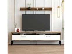 Móvel De Tv*Dmora Parede equipada Dkatseri, Composição da sala de estar, Armário de estar multiuso, Armário de TV, 180x35h47 cm, Noz e Branco Castanho