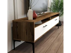 Móvel De Tv*Dmora Parede equipada Dkatseri, Composição da sala de estar, Armário de estar multiuso, Armário de TV, 180x35h47 cm, Noz e Branco Castanho