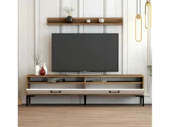 Móvel De Tv*Dmora Parede equipada Dkatseri, Composição da sala de estar, Armário de estar multiuso, Armário de TV, 180x35h47 cm, Noz e Branco Castanho