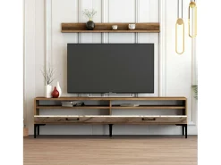 Móvel De Tv*Dmora Parede equipada Dkatseri, Composição soggioRno, Armário de sala multiuso, Armário de TV, 180x35h47 cm, Nogueira e Mármore Branco Castanho