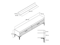 Móvel De Tv*Dmora Parede equipada Dkatseri, Composição soggioRno, Armário de sala multiuso, Armário de TV, 180x35h47 cm, Nogueira e Mármore Branco Castanho
