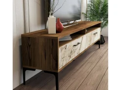 Móvel De Tv*Dmora Parede equipada Dkatseri, Composição soggioRno, Armário de sala multiuso, Armário de TV, 180x35h47 cm, Nogueira e Mármore Branco Castanho