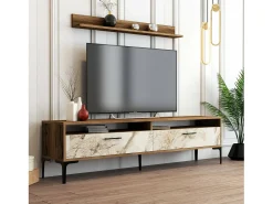 Móvel De Tv*Dmora Parede equipada Dkatseri, Composição soggioRno, Armário de sala multiuso, Armário de TV, 180x35h47 cm, Nogueira e Mármore Branco Castanho