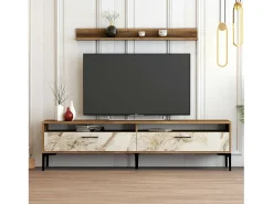 Móvel De Tv*Dmora Parede equipada Dkatseri, Composição soggioRno, Armário de sala multiuso, Armário de TV, 180x35h47 cm, Nogueira e Mármore Branco Castanho