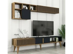 Móvel De Tv|Dmora Parede equipada Dmalavas, Composição da sala de estar, Armário de sala multiusos, Armário de TV, 180x35h40 cm, Nogueira e Antracite Castanho