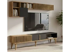 Móvel De Tv|Dmora Parede equipada Dmalavas, Composição da sala de estar, Armário de sala multiusos, Armário de TV, 180x35h40 cm, Nogueira e Antracite Castanho