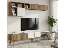 Móvel De Tv|Dmora Parede equipada Dmalavas, Composição da sala de estar, Armário de sala multiuso, Armário de TV, 180x35h40 cm, Noz e Branco Castanho