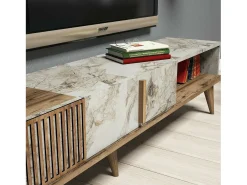 Dmora Parede equipada Dmalavas, Composição da sala de estar, Armário de estar multiusos, Armário de porta de TV, 180x35h40 cm, Nogueira e Mármore Branco^ Móvel De Tv