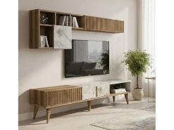 Dmora Parede equipada Dmalavas, Composição da sala de estar, Armário de estar multiusos, Armário de porta de TV, 180x35h40 cm, Nogueira e Mármore Branco^ Móvel De Tv