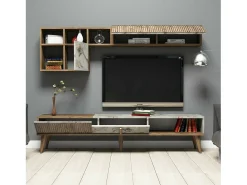 Dmora Parede equipada Dmalavas, Composição da sala de estar, Armário de estar multiusos, Armário de porta de TV, 180x35h40 cm, Nogueira e Mármore Branco^ Móvel De Tv