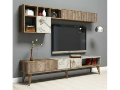 Dmora Parede equipada Dmalavas, Composição da sala de estar, Armário de estar multiusos, Armário de porta de TV, 180x35h40 cm, Nogueira e Mármore Branco^ Móvel De Tv