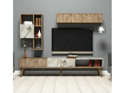 Dmora Parede equipada Dmalavas, Composição da sala de estar, Armário de estar multiusos, Armário de porta de TV, 180x35h40 cm, Nogueira e Mármore Branco^ Móvel De Tv