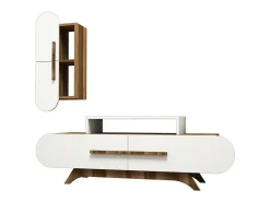 Móvel De Tv|Dmora Parede equipada Dpiccol, Composição da sala de estar, Armário de sala de estar multiusos, Armário de porta de TV, 145x37h50 cm, Nogueira e Branco Castanho