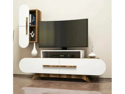 Móvel De Tv|Dmora Parede equipada Dpiccol, Composição da sala de estar, Armário de sala de estar multiusos, Armário de porta de TV, 145x37h50 cm, Nogueira e Branco Castanho