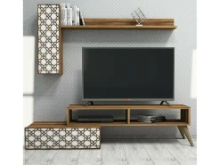 Outlet Dmora Parede equipada Dpinard, Composição da sala, Armário de estar multiusos, Armário de TV, 150x37h38 cm, Nogueira e Branco Castanho