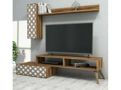 Outlet Dmora Parede equipada Dpinard, Composição da sala, Armário de estar multiusos, Armário de TV, 150x37h38 cm, Nogueira e Branco Castanho
