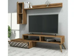 Outlet Dmora Parede equipada Dpinard, Composição da sala, Armário de estar multiusos, Armário de TV, 150x37h38 cm, Nogueira e Branco Castanho