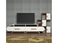 Móvel De Tv|Dmora Parede equipada Dporchi, Composição da sala de estar, Armário de sala multiusos, Armário de TV, 205x37h50 cm, Nogueira e Branco Castanho