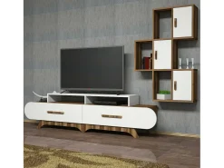 Móvel De Tv|Dmora Parede equipada Dporchi, Composição da sala de estar, Armário de sala multiusos, Armário de TV, 205x37h50 cm, Nogueira e Branco Castanho