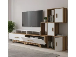Móvel De Tv|Dmora Parede equipada Dporchi, Composição da sala de estar, Armário de sala multiusos, Armário de TV, 205x37h50 cm, Nogueira e Branco Castanho