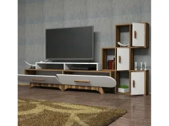 Móvel De Tv|Dmora Parede equipada Dporchi, Composição da sala de estar, Armário de sala multiusos, Armário de TV, 205x37h50 cm, Nogueira e Branco Castanho