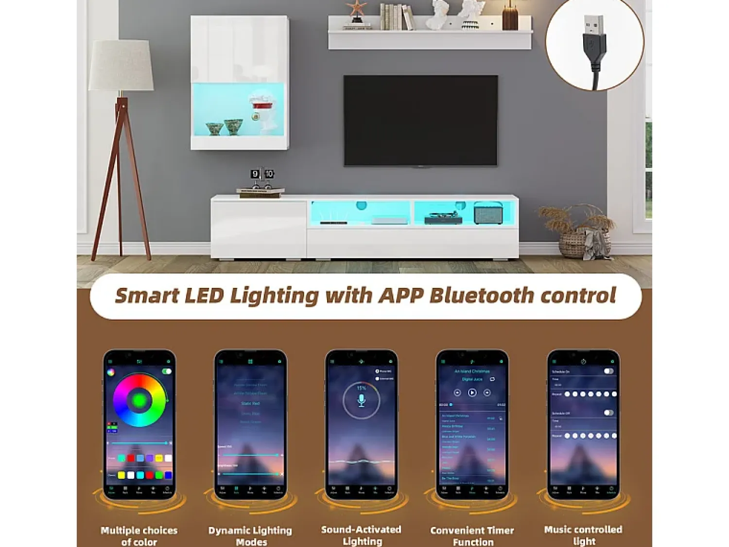 Móvel De Tv|DripeX Parede TV 3 Portas e 3 Nichos - com Armazenamento e Iluminação LED - Painel de Partículas - Brilhante - Branco