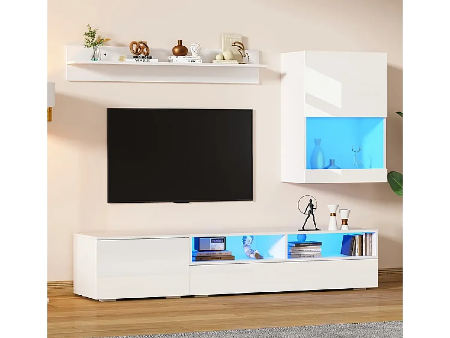 Móvel De Tv|DripeX Parede TV 3 Portas e 3 Nichos - com Armazenamento e Iluminação LED - Painel de Partículas - Brilhante - Branco