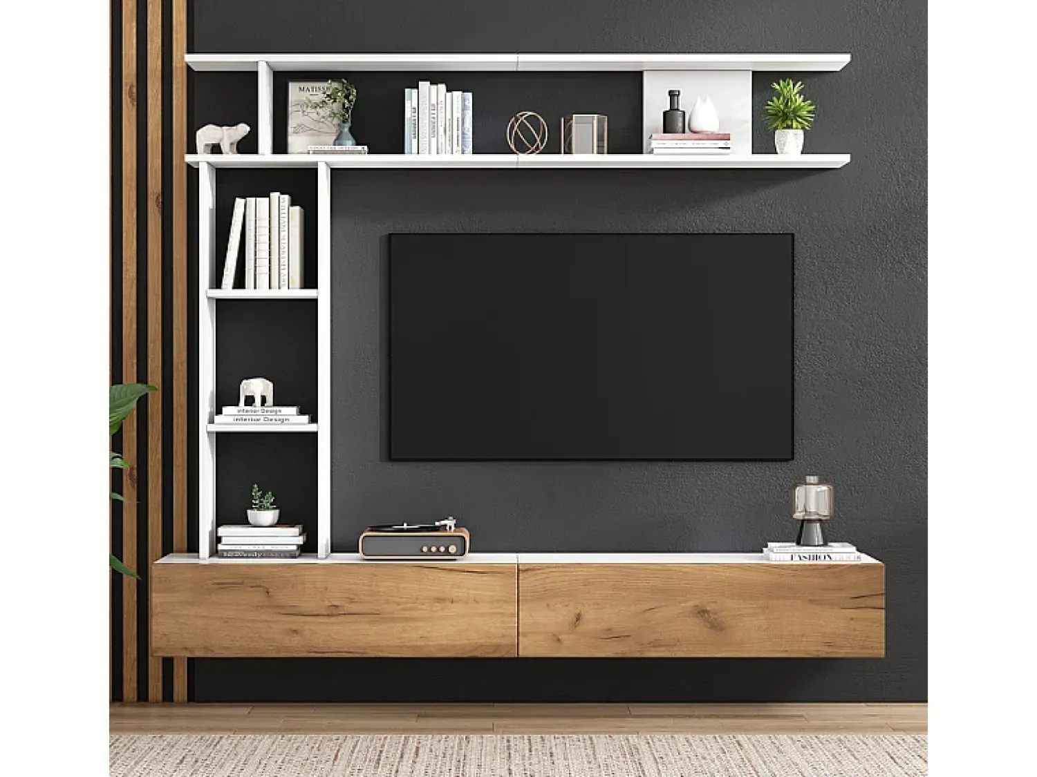 DripeX Parede TV com Armazenamento - 2 Portas - Instalação em Pé ou Pendurada - Adequado para TV abaixo de 80" - Carvalho e Branco^ Móvel De Tv