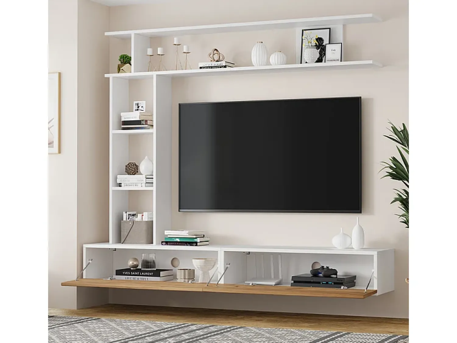 DripeX Parede TV com Armazenamento - 2 Portas - Instalação em Pé ou Pendurada - Adequado para TV abaixo de 80" - Carvalho e Branco^ Móvel De Tv