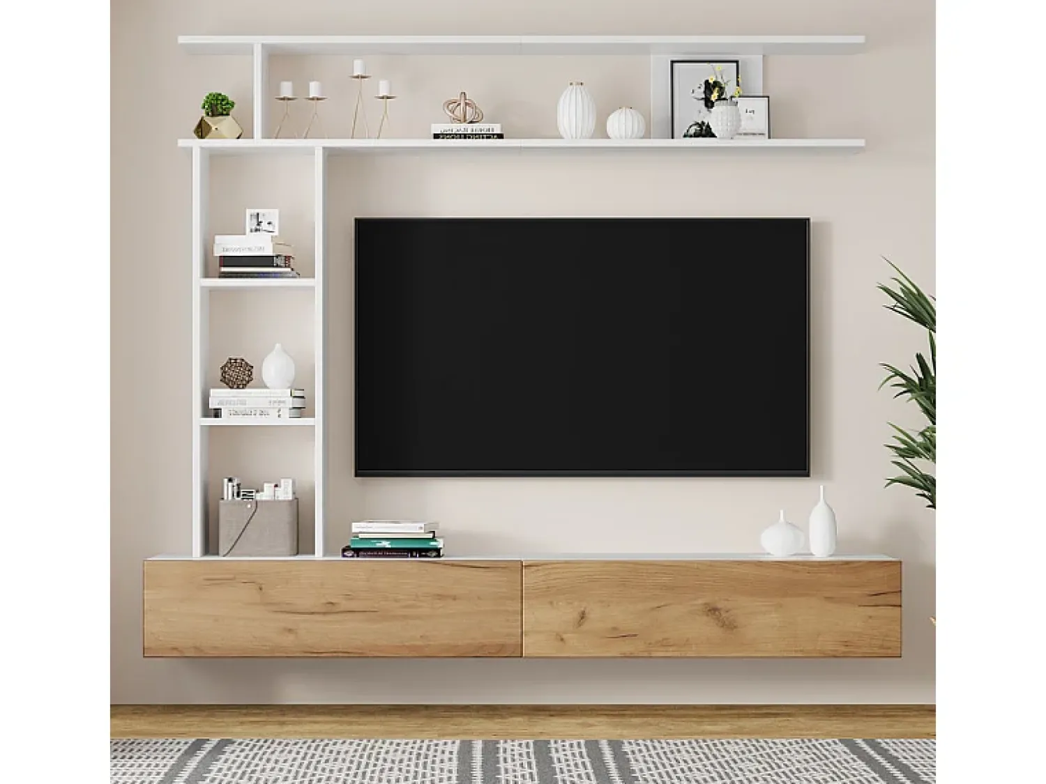 DripeX Parede TV com Armazenamento - 2 Portas - Instalação em Pé ou Pendurada - Adequado para TV abaixo de 80" - Carvalho e Branco^ Móvel De Tv