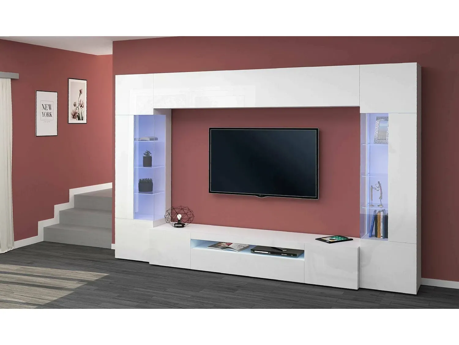 Móvel De Tv|Dmora Parete attrezzata Clementino, Set salotto porta TV a 6 ante, Mobile soggiorno multiuso con luce LED, 100% Made in Italy, cm 290x40h191, Bianco lucido Branco