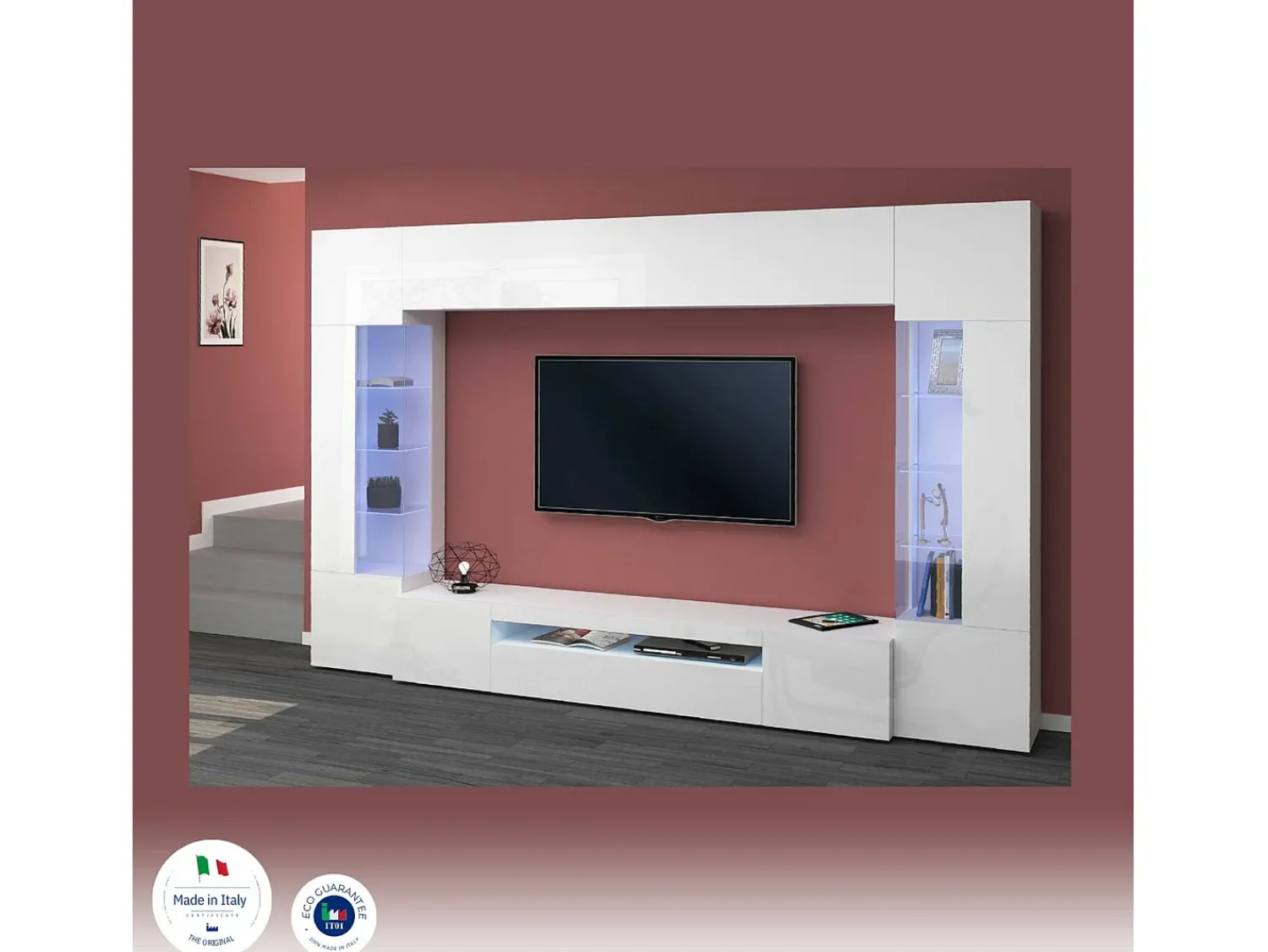 Móvel De Tv|Dmora Parete attrezzata Clementino, Set salotto porta TV a 6 ante, Mobile soggiorno multiuso con luce LED, 100% Made in Italy, cm 290x40h191, Bianco lucido Branco