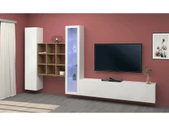 Móvel De Tv|Dmora Parete attrezzata Davis, Set salotto porta TV a 3 ante, Mobile soggiorno multiuso con vetrina e luce LED, 100% Made in Italy, cm 310x30h180, Bianco lucido e Acero Branco