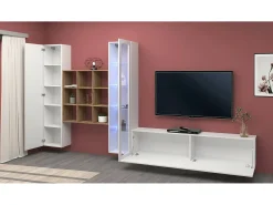 Móvel De Tv|Dmora Parete attrezzata Davis, Set salotto porta TV a 3 ante, Mobile soggiorno multiuso con vetrina e luce LED, 100% Made in Italy, cm 310x30h180, Bianco lucido e Acero Branco
