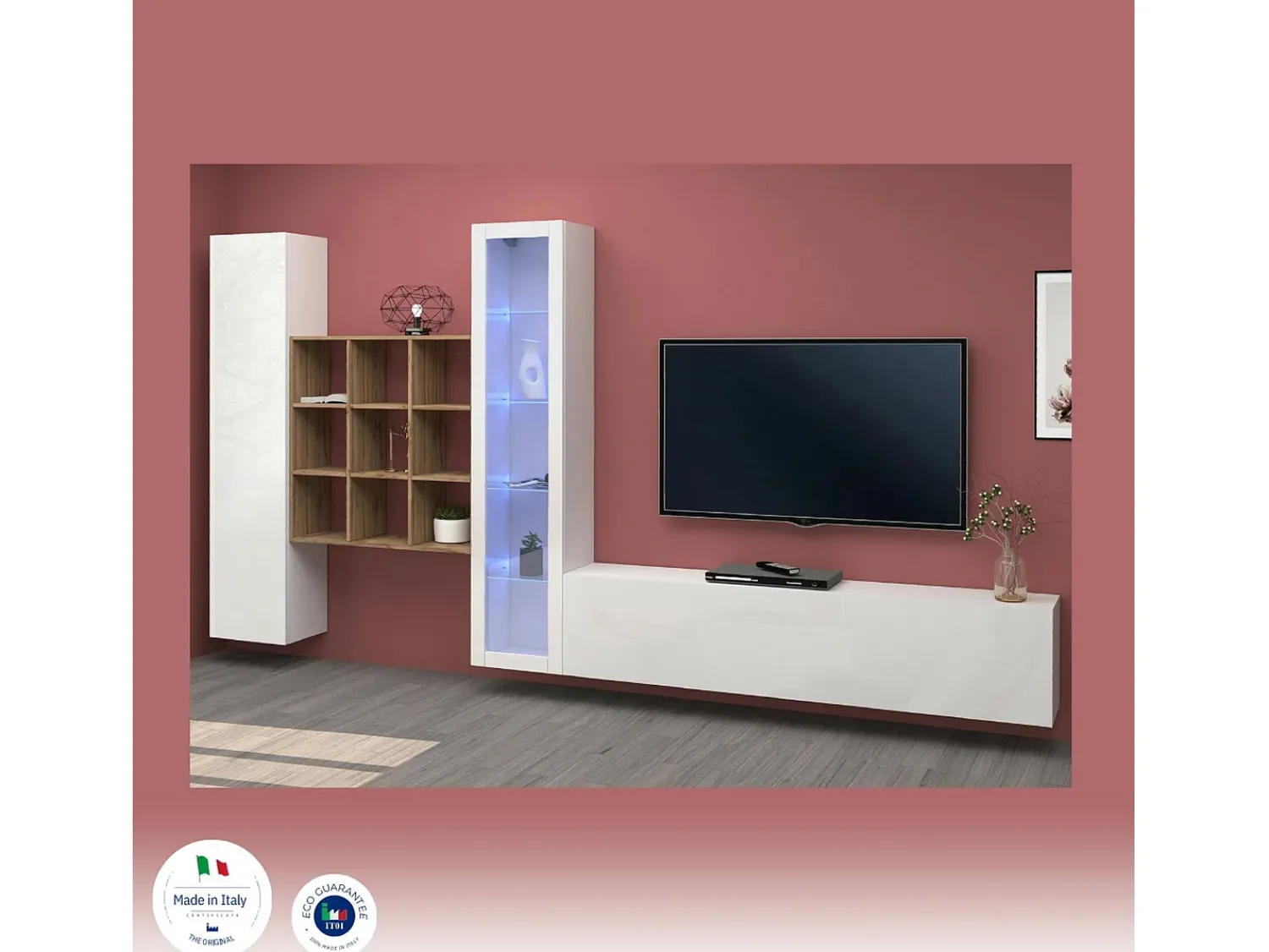 Móvel De Tv|Dmora Parete attrezzata Davis, Set salotto porta TV a 3 ante, Mobile soggiorno multiuso con vetrina e luce LED, 100% Made in Italy, cm 310x30h180, Bianco lucido e Acero Branco