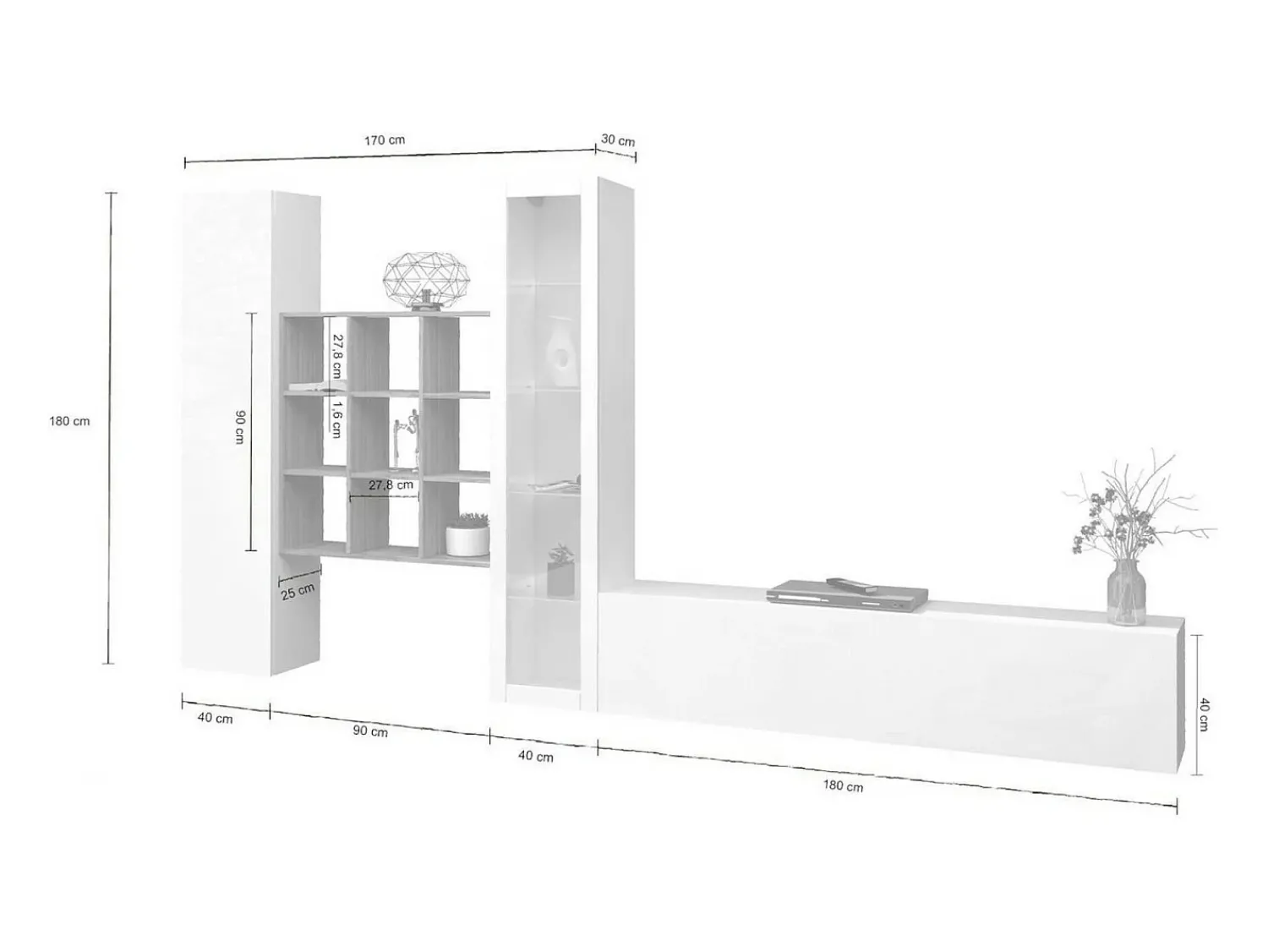 Móvel De Tv|Dmora Parete attrezzata Davis, Set salotto porta TV a 3 ante, Mobile soggiorno multiuso con vetrina e luce LED, 100% Made in Italy, cm 310x30h180, Bianco lucido e Acero Branco