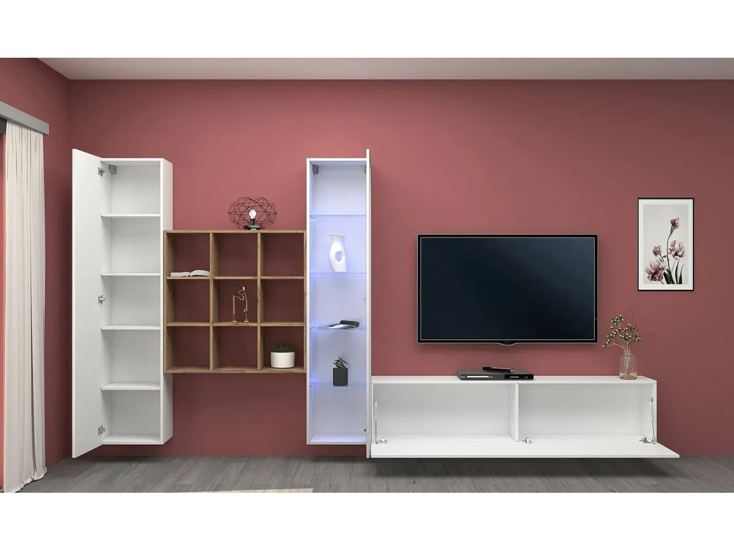 Móvel De Tv|Dmora Parete attrezzata Davis, Set salotto porta TV a 3 ante, Mobile soggiorno multiuso con vetrina e luce LED, 100% Made in Italy, cm 310x30h180, Bianco lucido e Acero Branco