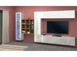 Dmora Parete attrezzata Emilio, Set salotto porta TV a 4 ante, Mobile soggiorno multiuso con vetrina e luce LED, 100% Made in Italy, cm 310x30h180, Bianco lucido e Acero^ Móvel De Tv