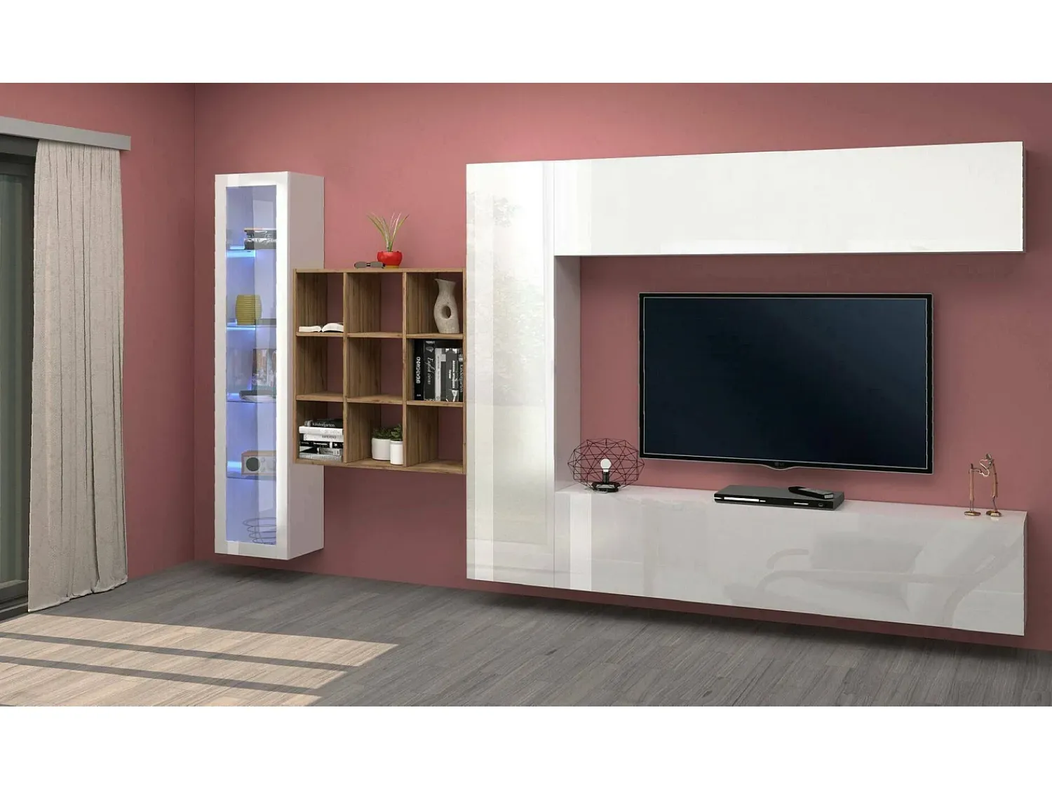 Dmora Parete attrezzata Emilio, Set salotto porta TV a 4 ante, Mobile soggiorno multiuso con vetrina e luce LED, 100% Made in Italy, cm 310x30h180, Bianco lucido e Acero^ Móvel De Tv