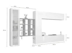 Dmora Parete attrezzata Emilio, Set salotto porta TV a 4 ante, Mobile soggiorno multiuso con vetrina e luce LED, 100% Made in Italy, cm 310x30h180, Bianco lucido e Acero^ Móvel De Tv