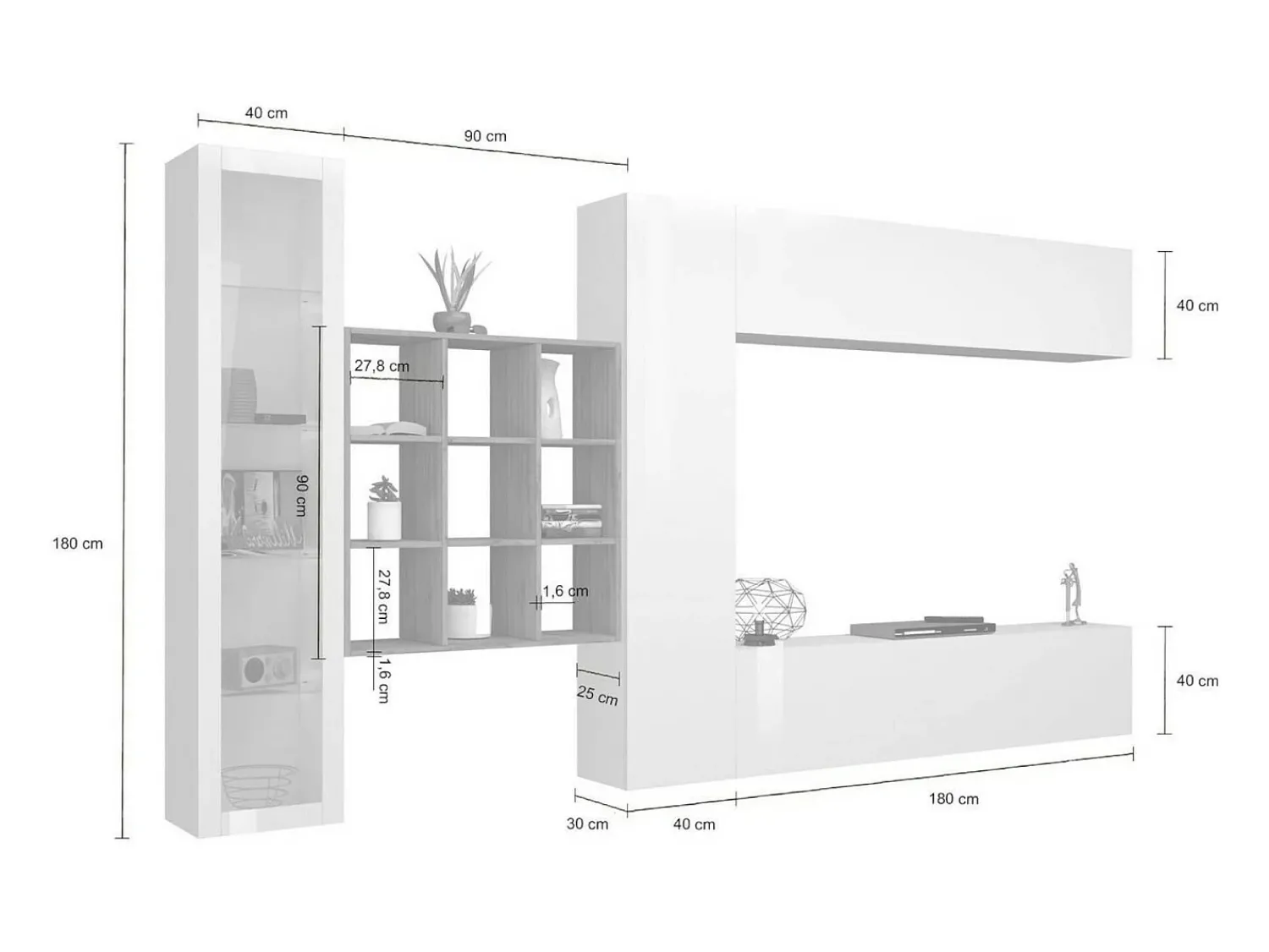 Dmora Parete attrezzata Emilio, Set salotto porta TV a 4 ante, Mobile soggiorno multiuso con vetrina e luce LED, 100% Made in Italy, cm 310x30h180, Bianco lucido e Acero^ Móvel De Tv