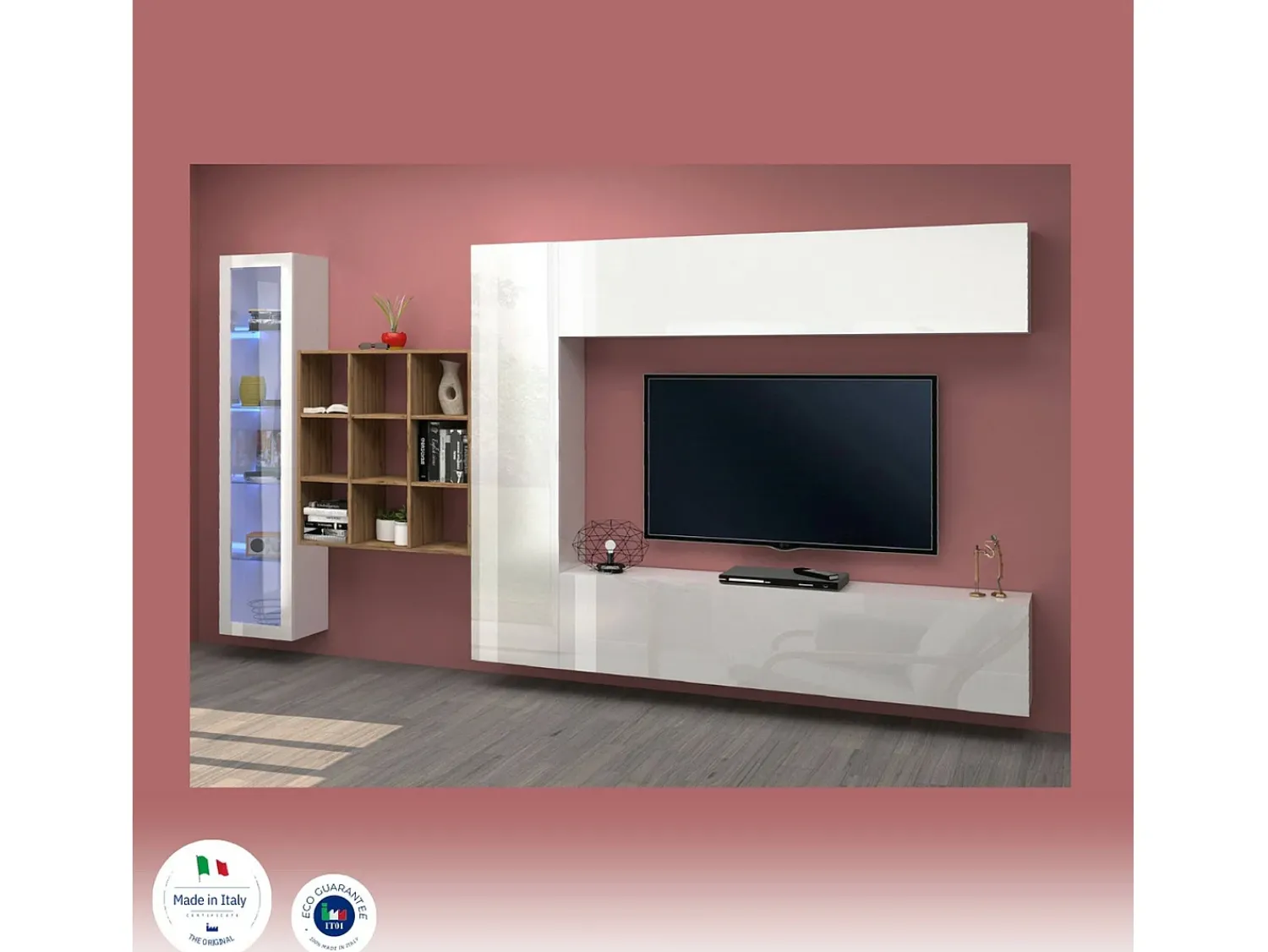 Dmora Parete attrezzata Emilio, Set salotto porta TV a 4 ante, Mobile soggiorno multiuso con vetrina e luce LED, 100% Made in Italy, cm 310x30h180, Bianco lucido e Acero^ Móvel De Tv