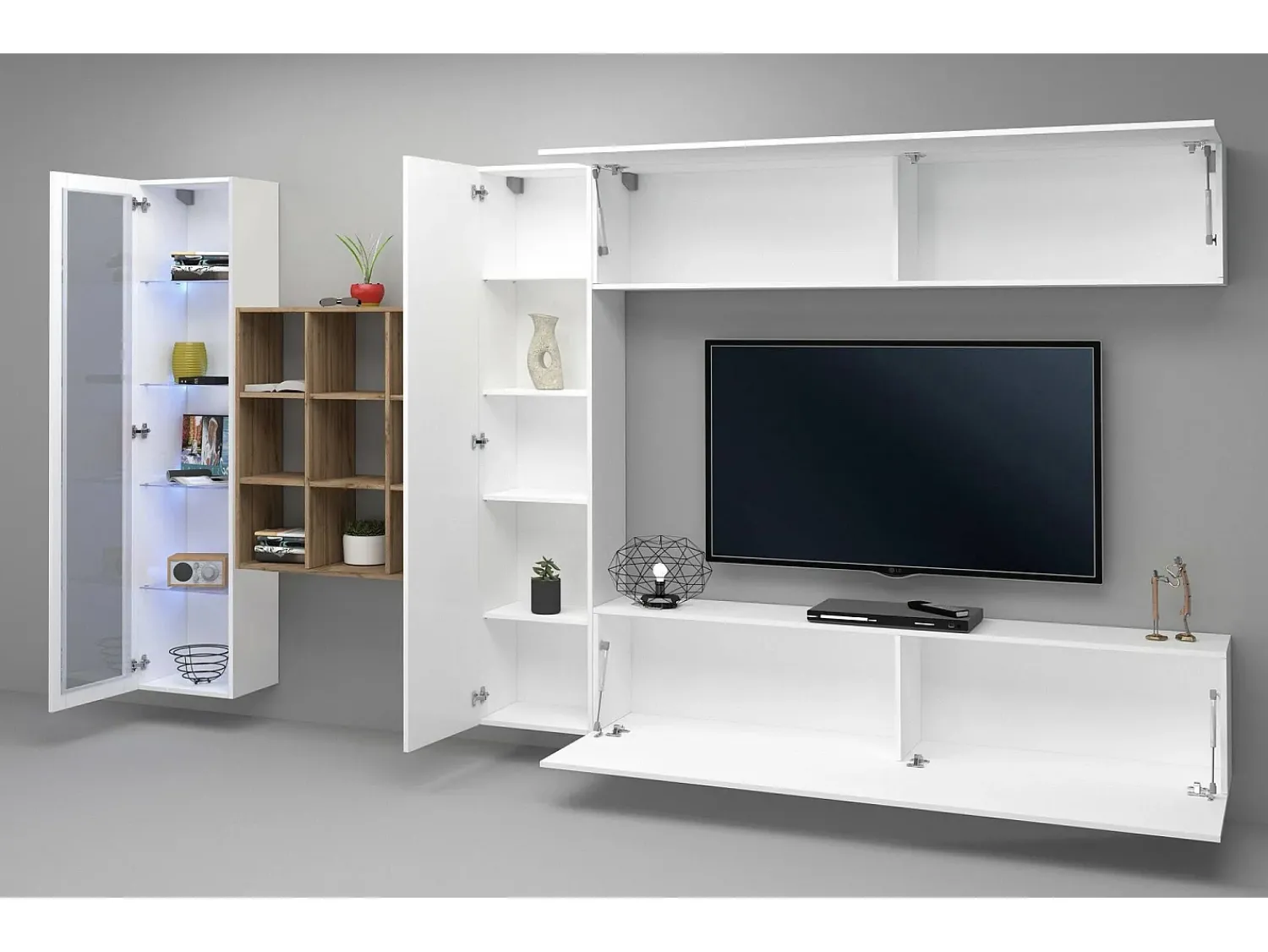 Dmora Parete attrezzata Emilio, Set salotto porta TV a 4 ante, Mobile soggiorno multiuso con vetrina e luce LED, 100% Made in Italy, cm 310x30h180, Bianco lucido e Acero^ Móvel De Tv