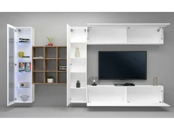 Dmora Parete attrezzata Emilio, Set salotto porta TV a 4 ante, Mobile soggiorno multiuso con vetrina e luce LED, 100% Made in Italy, cm 310x30h180, Bianco lucido e Acero^ Móvel De Tv