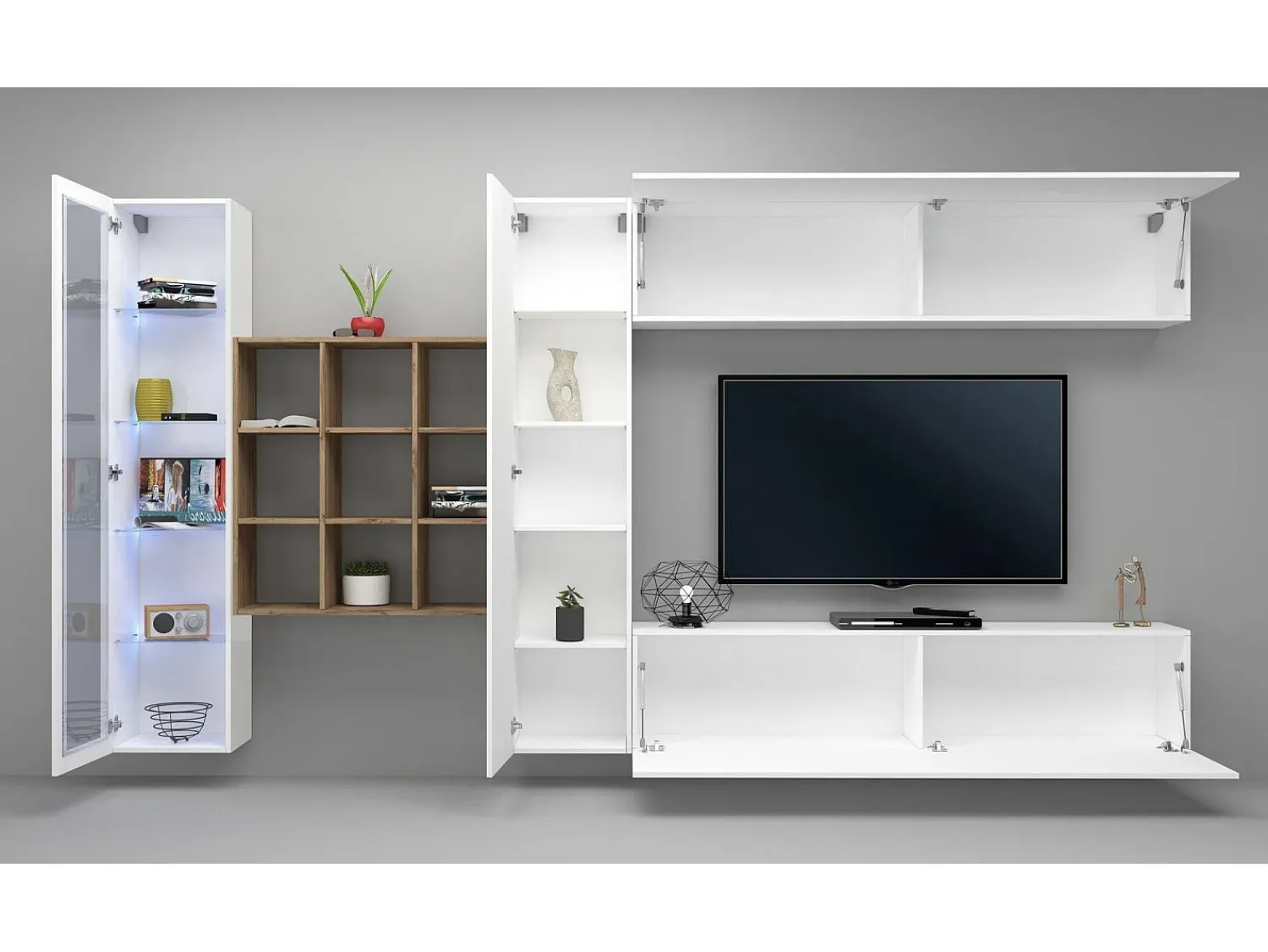 Dmora Parete attrezzata Emilio, Set salotto porta TV a 4 ante, Mobile soggiorno multiuso con vetrina e luce LED, 100% Made in Italy, cm 310x30h180, Bianco lucido e Acero^ Móvel De Tv
