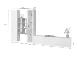 Dmora Parete attrezzata Eugenio, Set salotto porta TV a 3 ante, Mobile soggiorno multiuso con vetrina e luce LED, 100% Made in Italy, cm 320x30h180, Bianco lucido^ Móvel De Tv