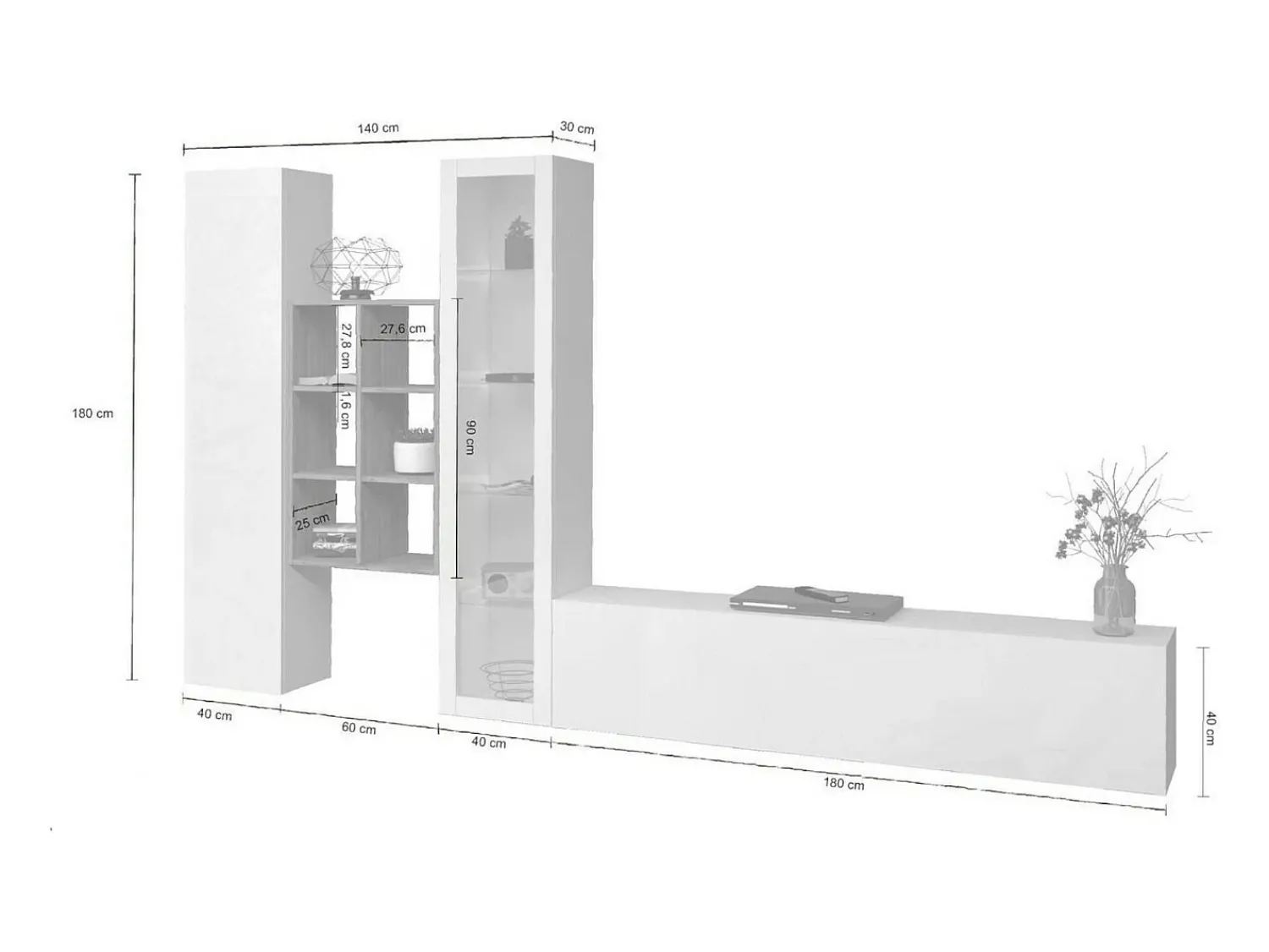 Dmora Parete attrezzata Eugenio, Set salotto porta TV a 3 ante, Mobile soggiorno multiuso con vetrina e luce LED, 100% Made in Italy, cm 320x30h180, Bianco lucido^ Móvel De Tv