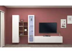 Dmora Parete attrezzata Eugenio, Set salotto porta TV a 3 ante, Mobile soggiorno multiuso con vetrina e luce LED, 100% Made in Italy, cm 320x30h180, Bianco lucido^ Móvel De Tv