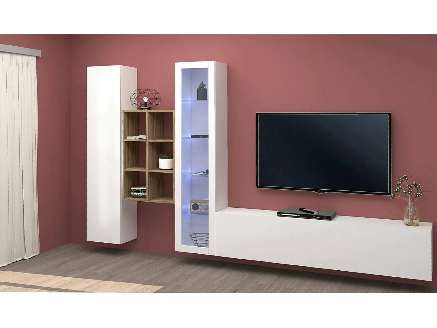 Dmora Parete attrezzata Eugenio, Set salotto porta TV a 3 ante, Mobile soggiorno multiuso con vetrina e luce LED, 100% Made in Italy, cm 320x30h180, Bianco lucido^ Móvel De Tv